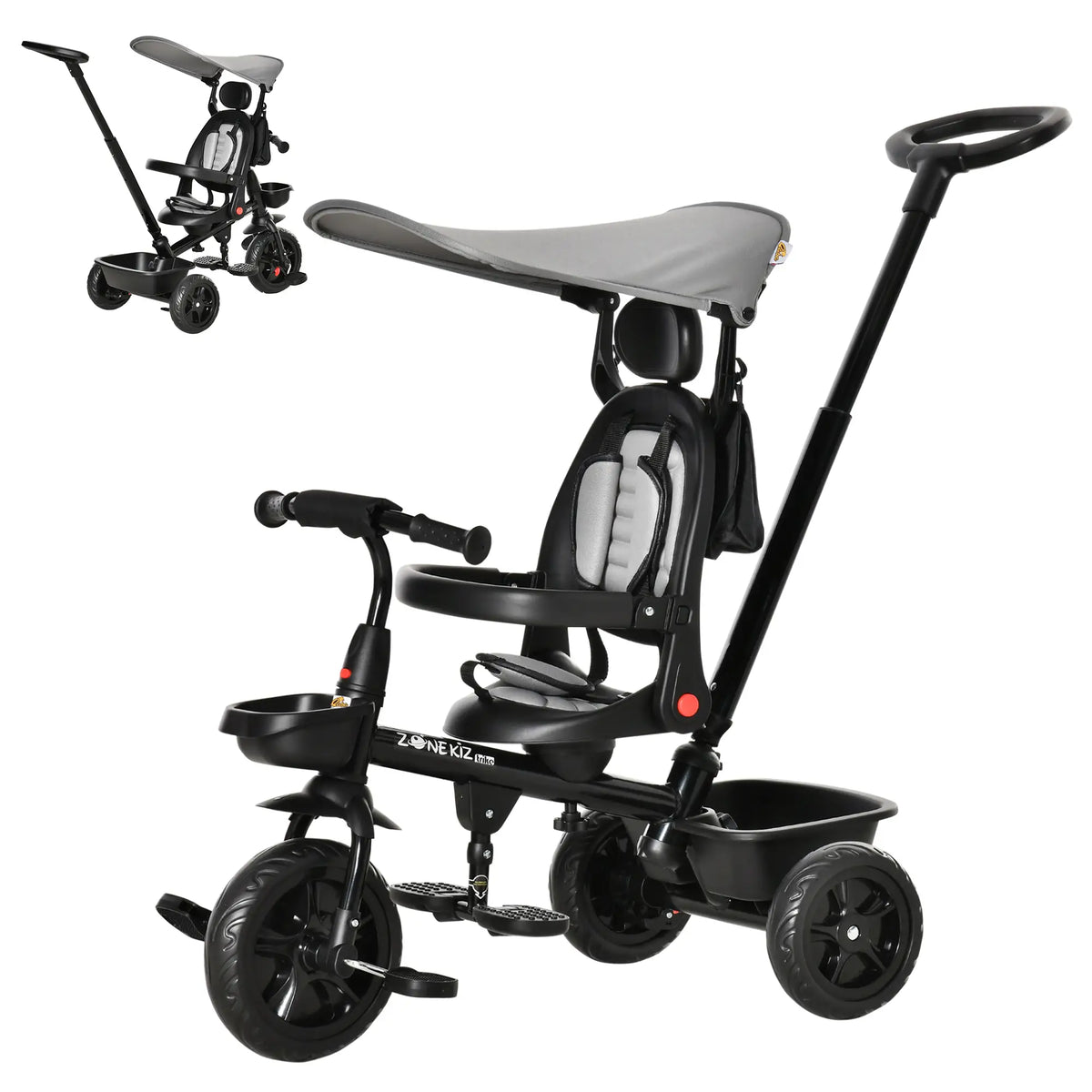 Kids Tricycle, 4 In 1 Trike, Adjustable Seat, Removable Canopy, Grey Tricycles for Kids at Gallery Canada