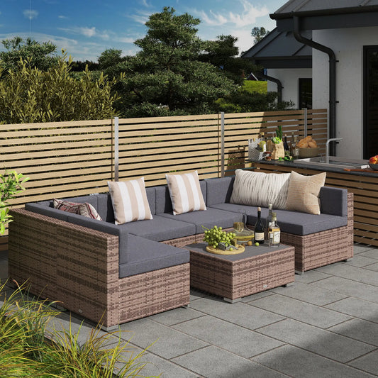 7 Piece Patio Rattan Conversation Set, Grey Patio Furniture Sets Dark Beige and Grey Rattan, Grey Fabric at Gallery Canada