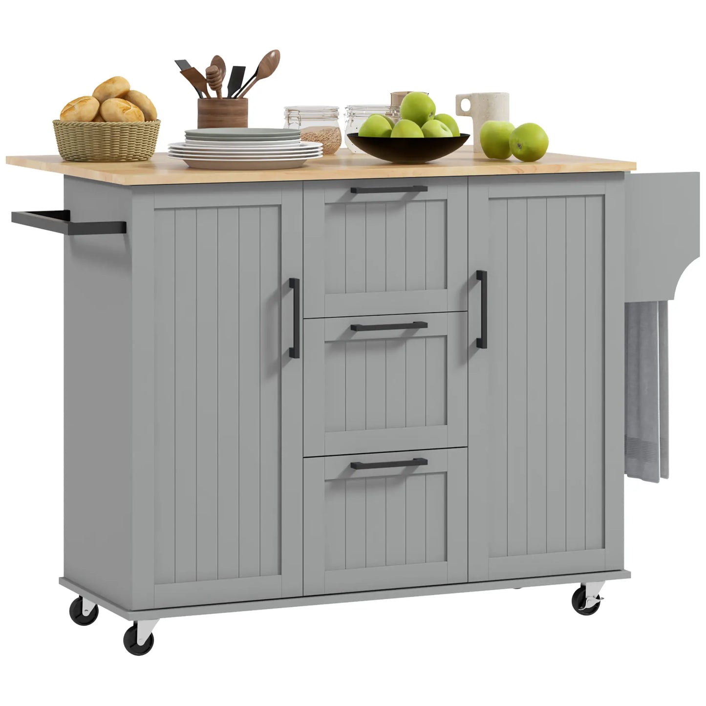 Rolling Kitchen Cart with Drop Leaf, 3 Drawers, Solid Wood Top, Towel Rack, Grey Kitchen Islands & Kitchen Carts at Gallery Canada