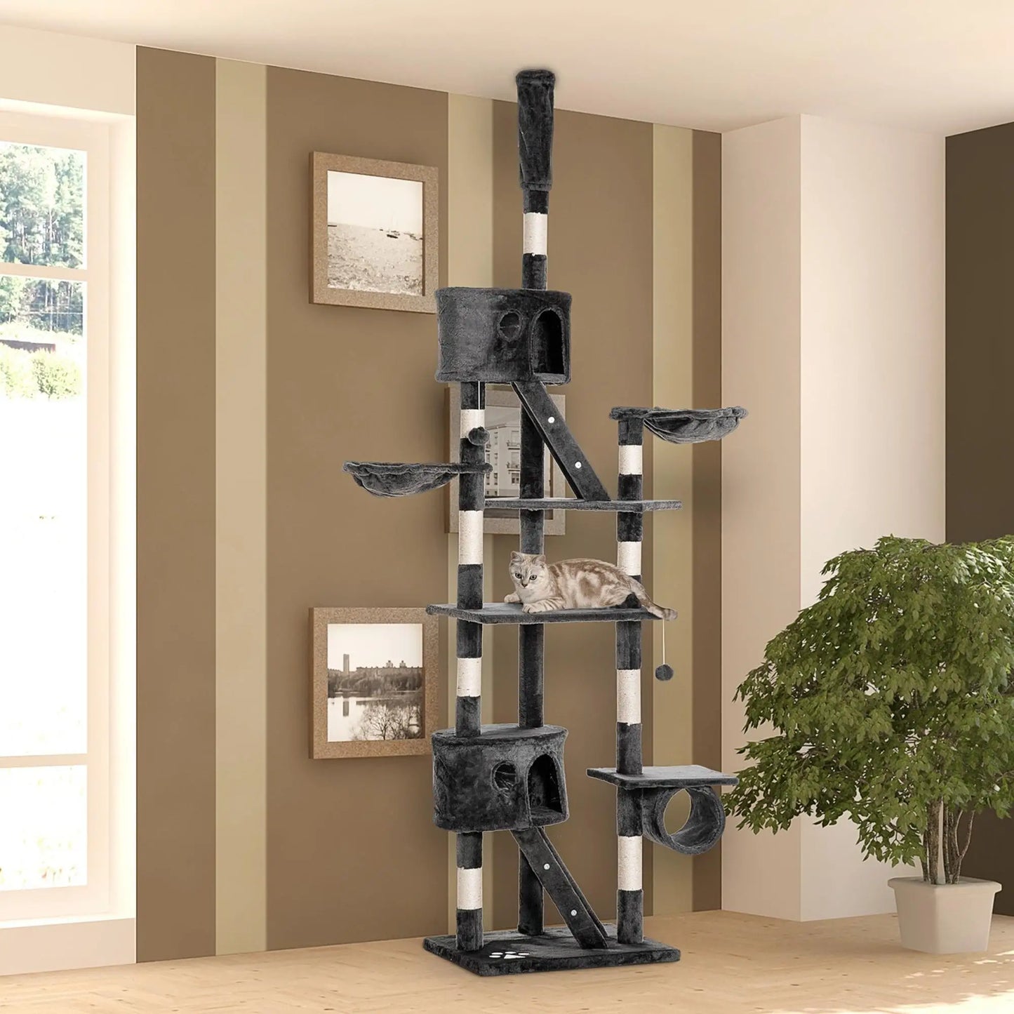 94"-102" Cat Tree, Floor to Ceiling, Multi-Level Play House, Dark Grey Floor to Ceiling Cat Trees at Gallery Canada