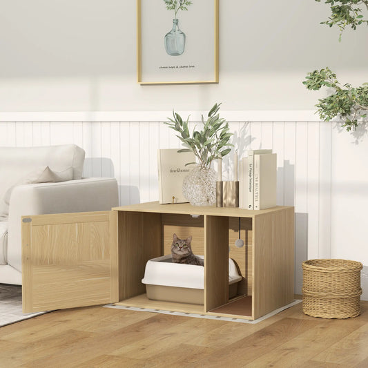 Cat Litter Box Enclosure, End Side Table, Rattan Door, Scratching Pad, Oak Cat Litter Box Enclosures Oak at Gallery Canada