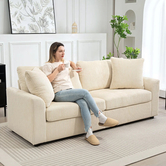 3 Seater Sofa, 83.5" Upholstered Couch, Pocket Spring, Cream White 3-Seater Sofas Cream at Gallery Canada
