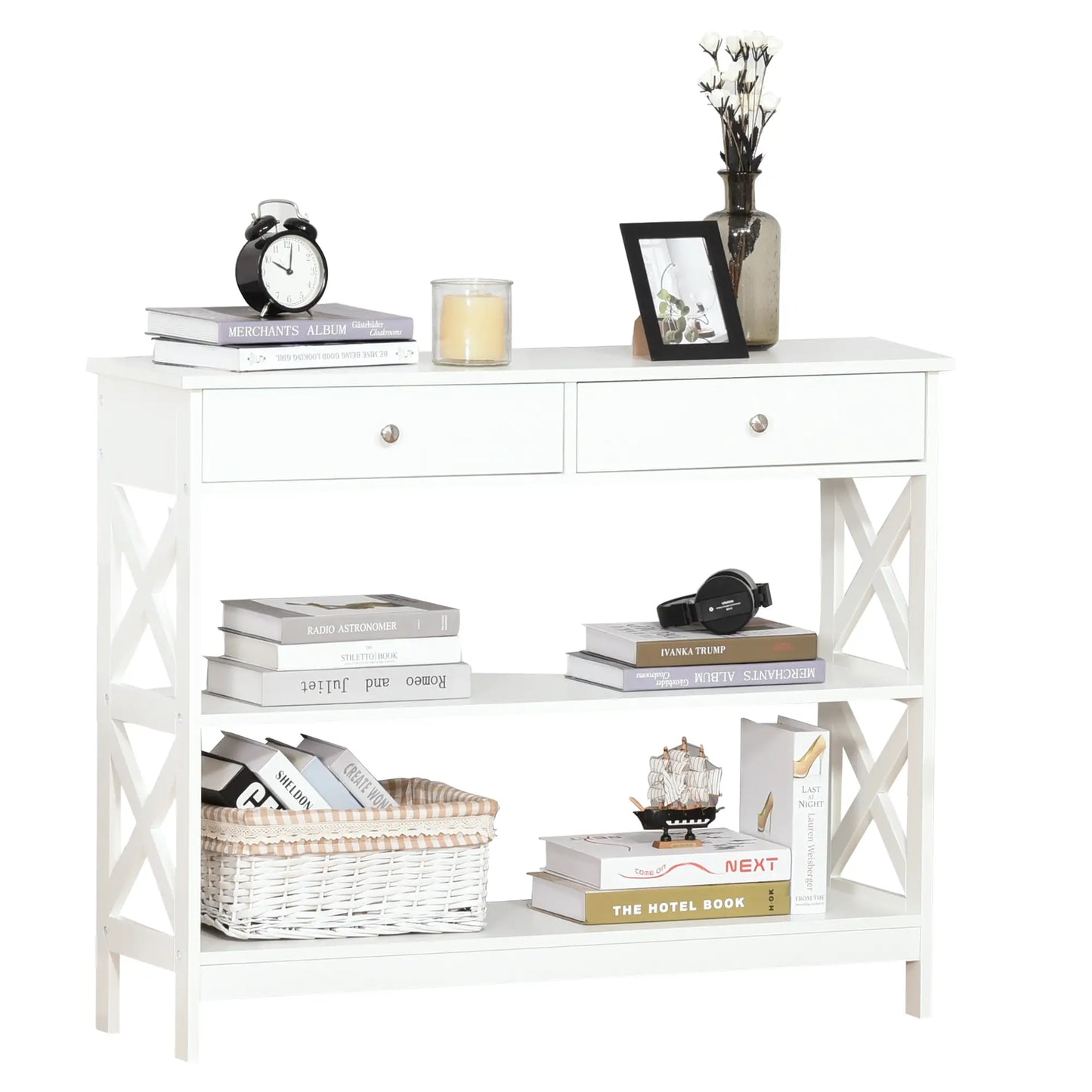 39" Console Table, Narrow Entryway with Storage Shelves, Drawers, White