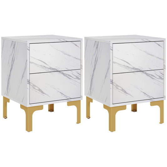 Faux Marbled Bedside Tables Set of 2, Accent Nightstands with Drawers for Bedroom, Living Room, White