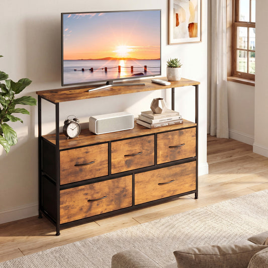 TV Stand Dresser For 45 Inch TV, 5 Fabric Drawers, Brown Entertainment Centers & TV Stands Brown at Gallery Canada