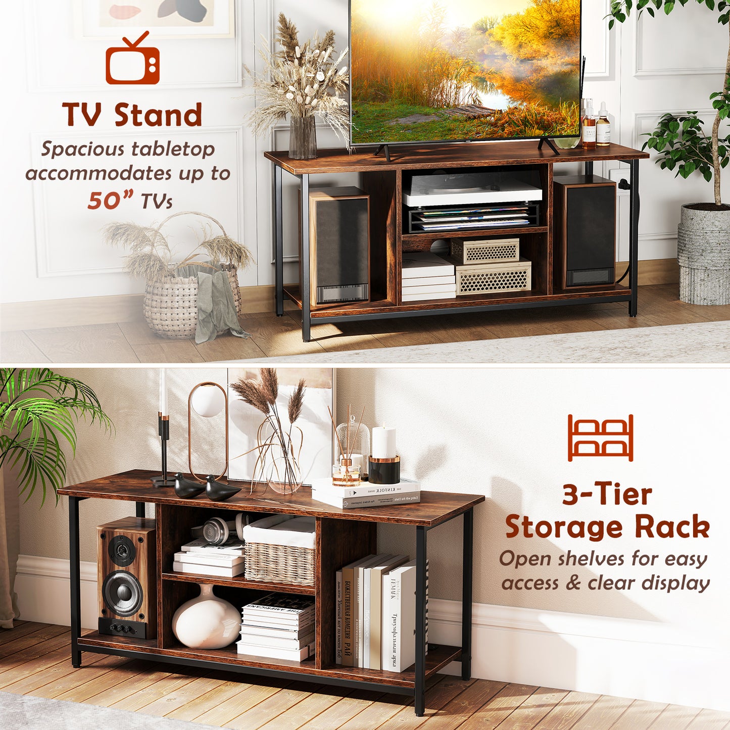 TV Stand Entertainment Center with Open Storage Shelves and Power Outlets to 50 Inches, Rustic Brown Entertainment Centers & TV Stands at Gallery Canada