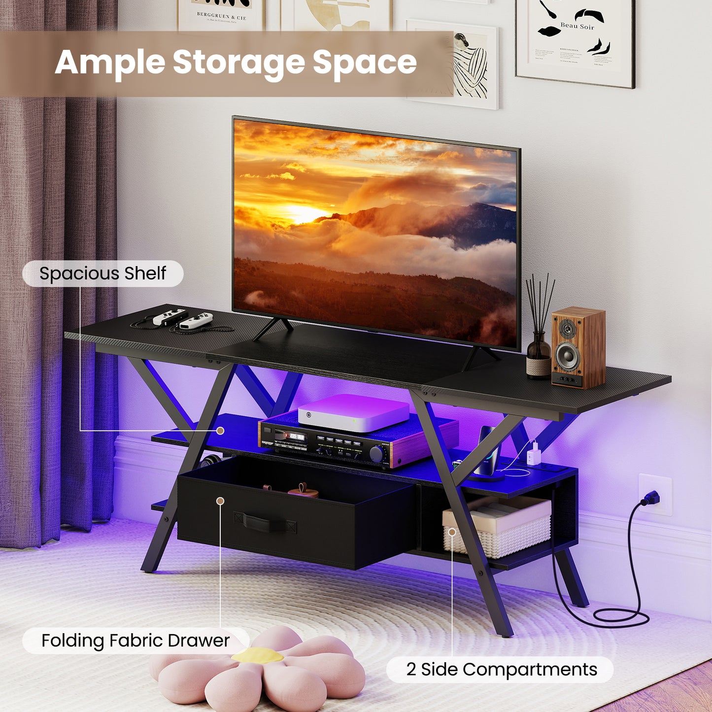 TV Stand For 65 Inch TVs With Power Outlets, LED Lights, Black Entertainment Centers & TV Stands at Gallery Canada