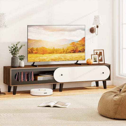 TV Stand for 80 Inch TVs Mid Century Modern Entertainment Center with Sliding Door Cabinet, Walnut Entertainment Centers & TV Stands Walnut at Gallery Canada