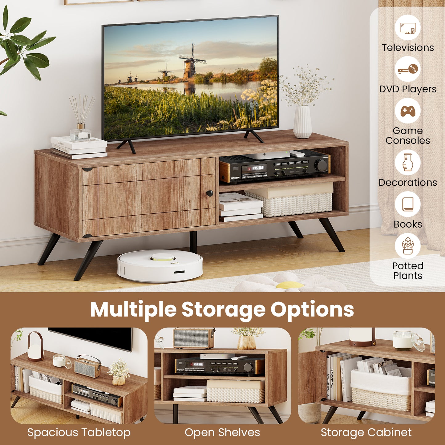 TV Stand for TVs up to 55 Inch Mid Century Modern Entertainment Center with Storage Cabinet, Oak