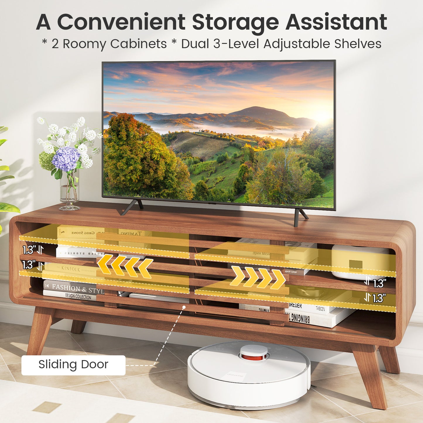 TV Stand for TVs up to 55" with Sliding Door and Adjustable Shelves for Living Room, Walnut Entertainment Centers & TV Stands at Gallery Canada
