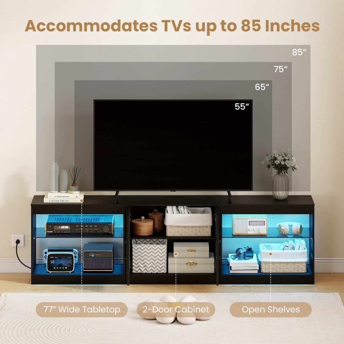 TV Stand for TVs up to 85 Inches LED Entertainment Center with Power Outlets, Black Entertainment Centers & TV Stands at Gallery Canada