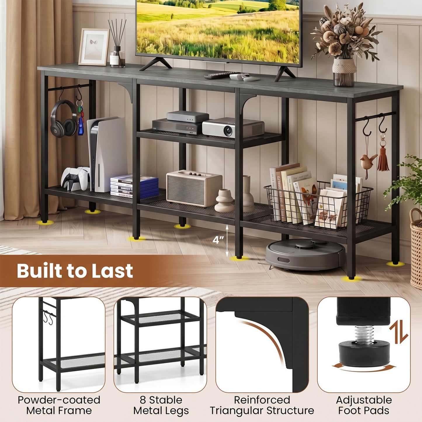 TV Stand for TVs up to 65 Inch with 3-Tier Open Shelves and 4 Hooks-Oak & Black, Oak Entertainment Centers & TV Stands at Gallery Canada