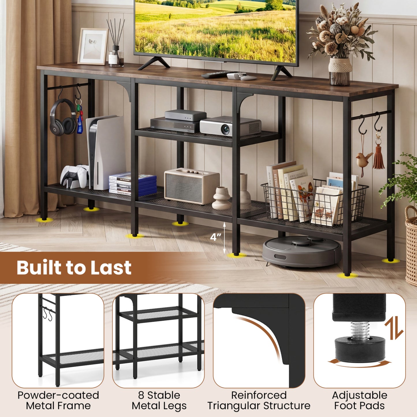 TV Stand for TVs up to 65 Inch with 3-Tier Open Shelves and 4 Hooks, Rustic Brown Entertainment Centers & TV Stands at Gallery Canada