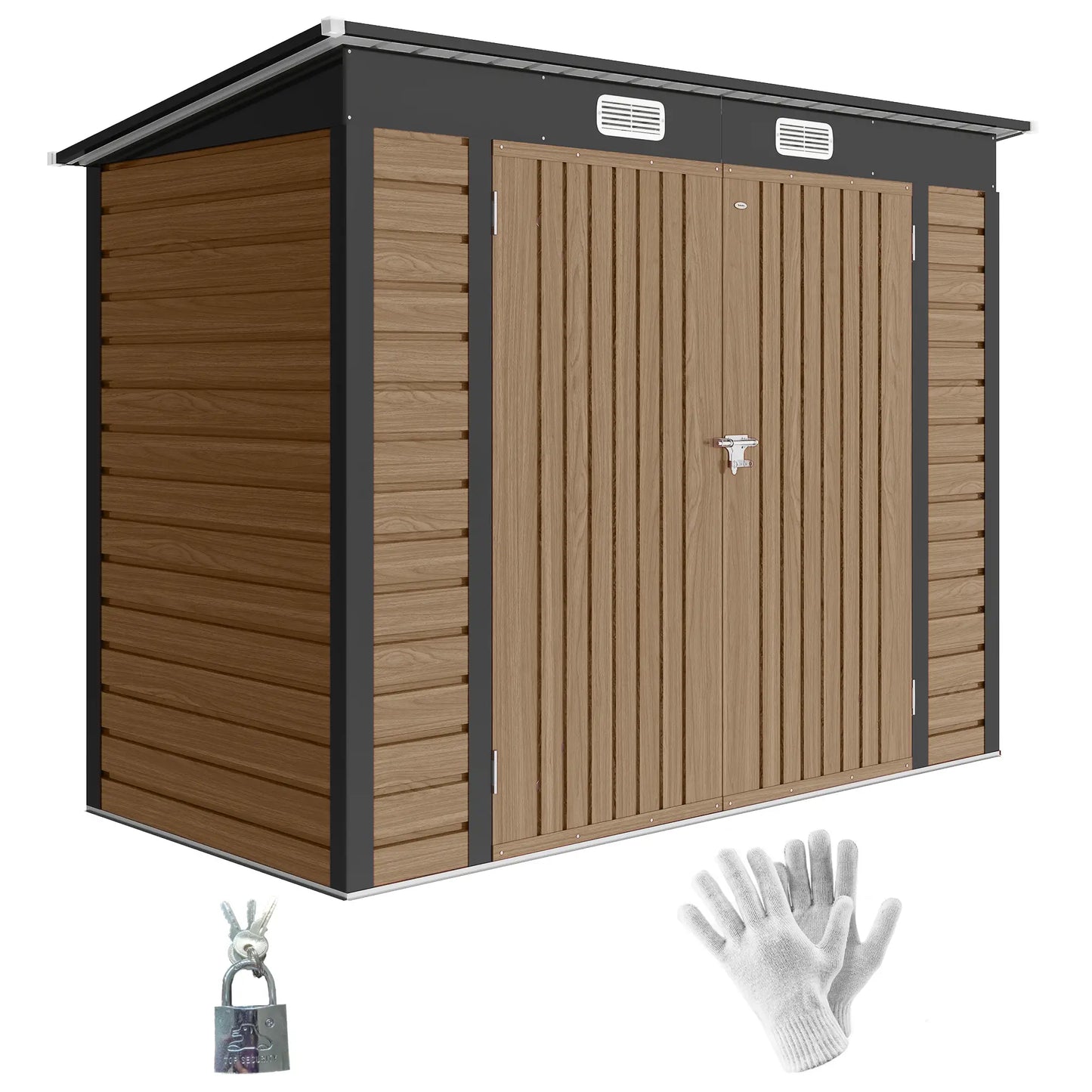 8 x 4FT Galvanized Metal Garden Storage Shed, Double Doors, 2 Vents, Teak Sheds at Gallery Canada