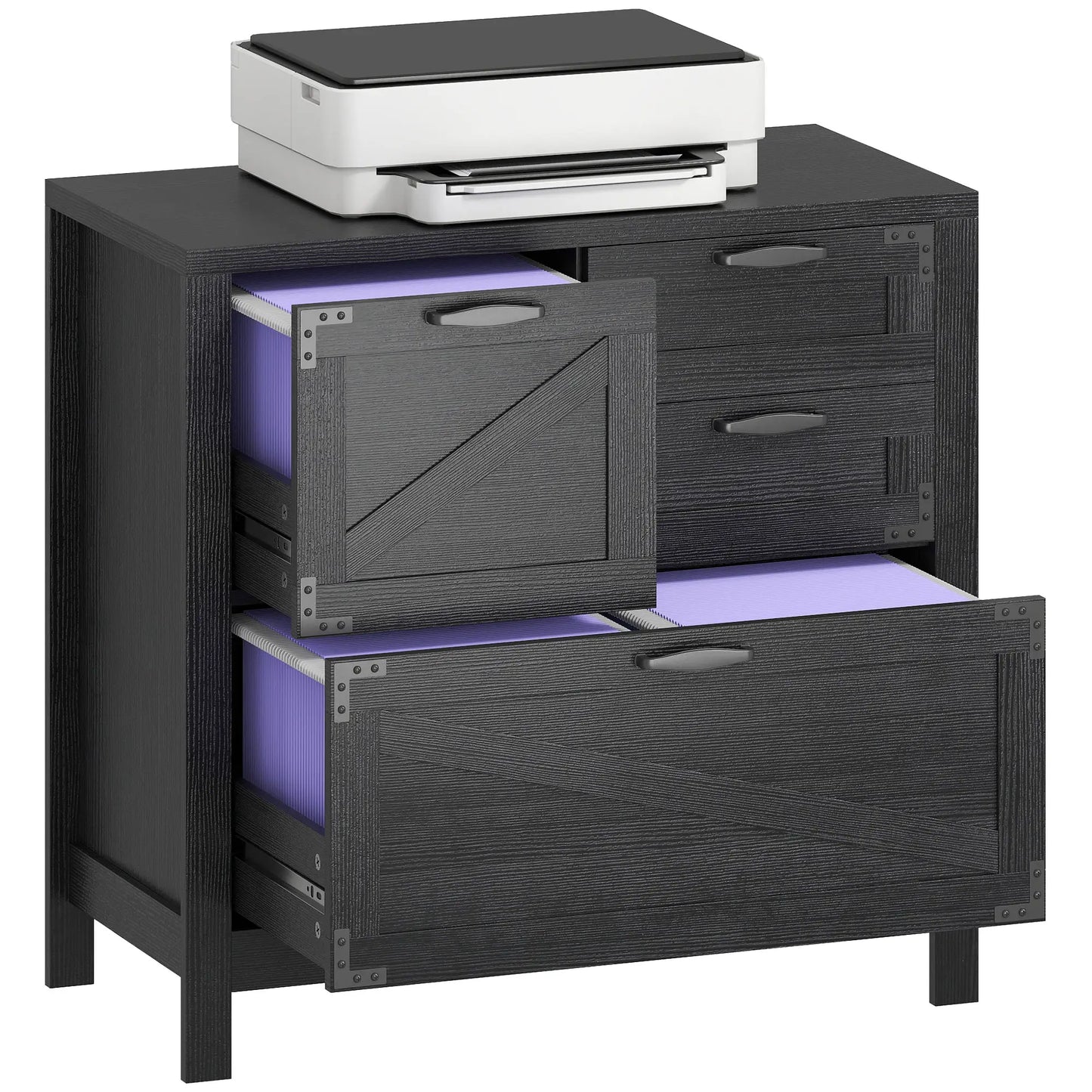 Lateral Filing Cabinet, 4 Drawers, Fits Letter/A4/Legal Files, Black Wood Grain, Black Office Cabinets & Cupboards at Gallery Canada