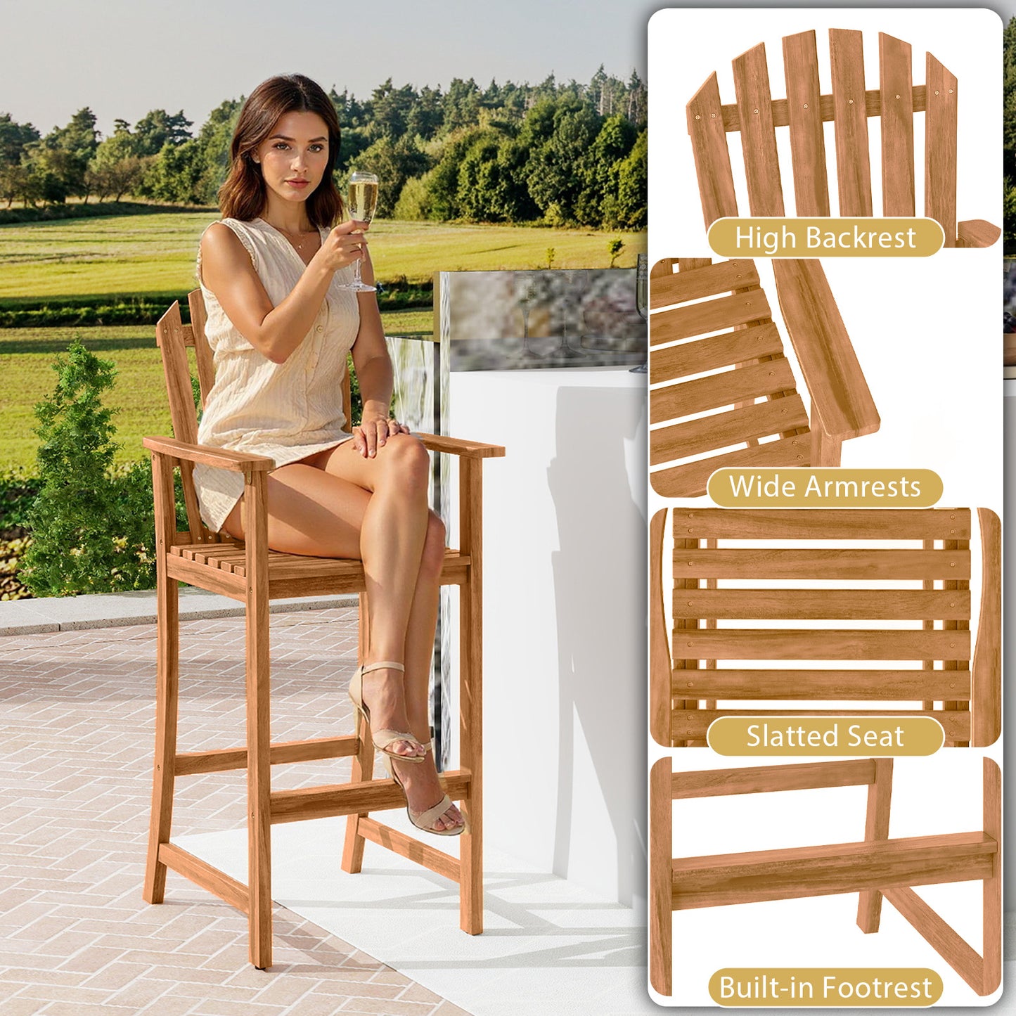 Tall Adirondack Chair with Armrests and Footrest for Deck, Natural