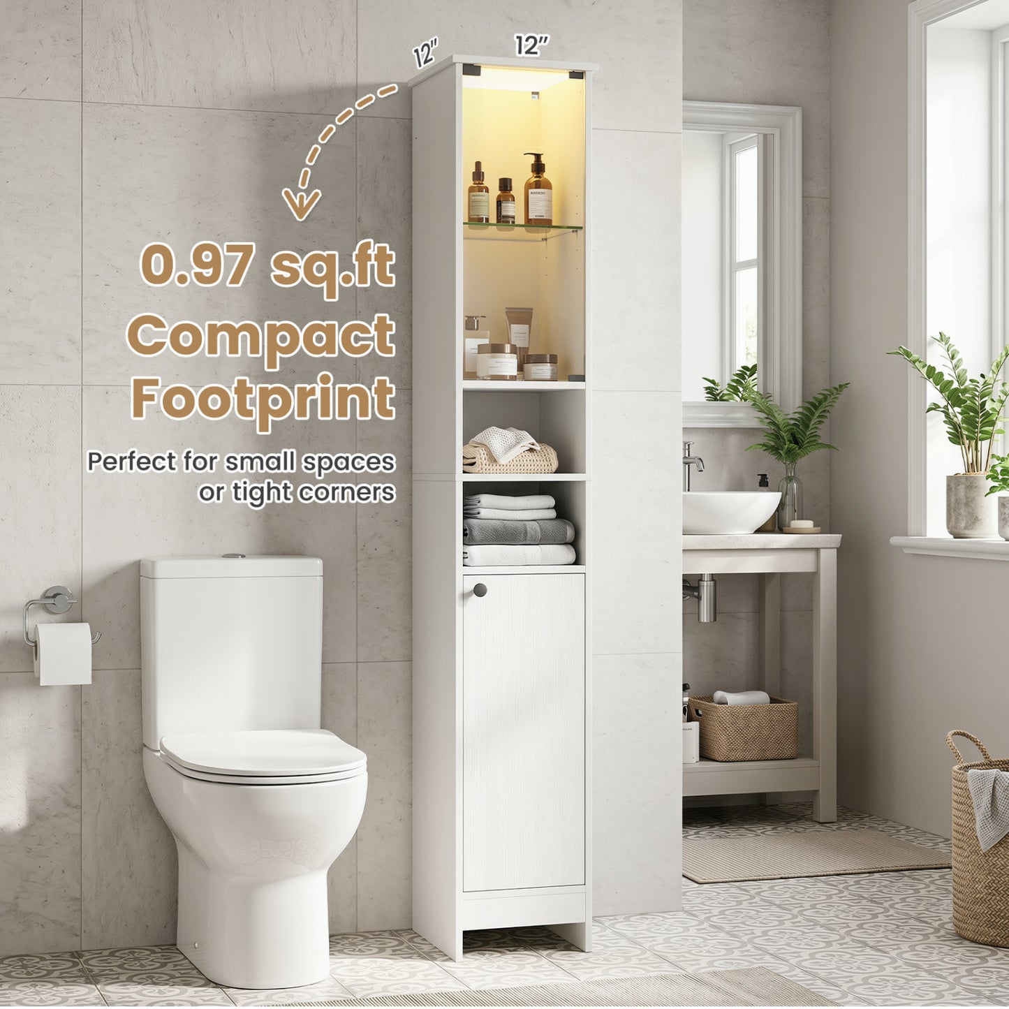 Tall Bathroom Cabinet with LED Lights, Adjustable Shelves, White