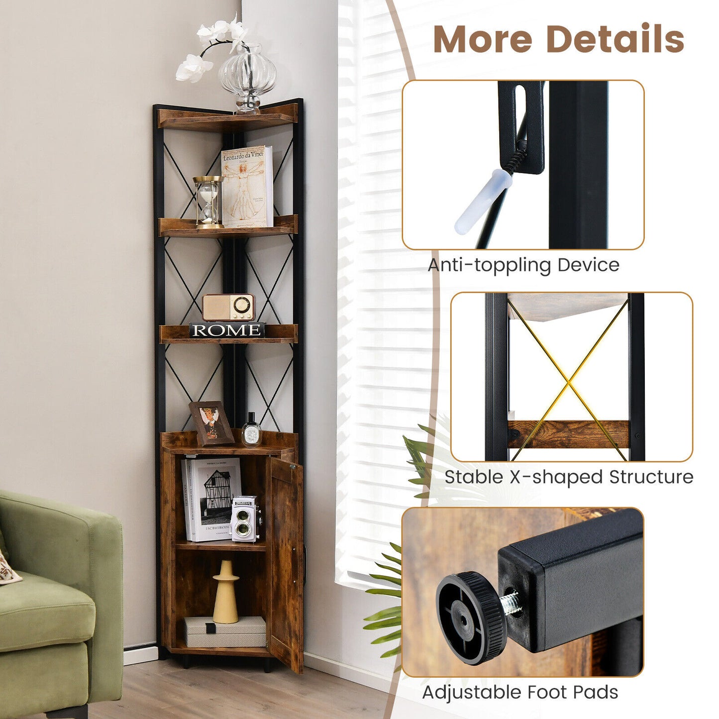Tall Corner Storage Cabinet, 3-Tier Shelf, Rustic Brown Bookcases at Gallery Canada