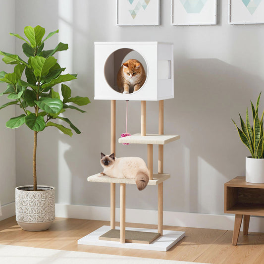 Tall Wood Cat Tower with 2 Corrugated Cardboard, White