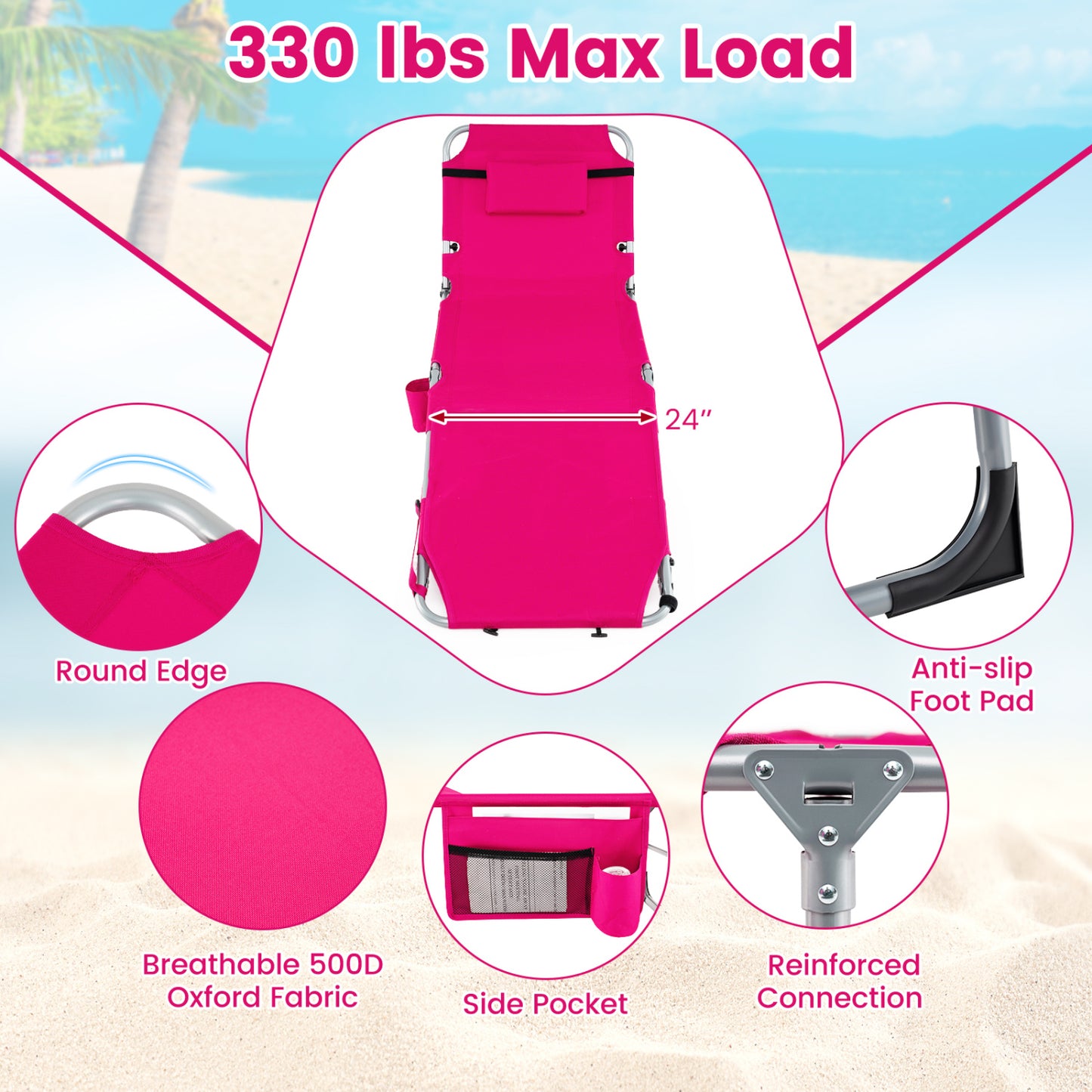 Portable Tanning Chair With Face Arm Holes, Pink Outdoor Chaise Lounges at Gallery Canada