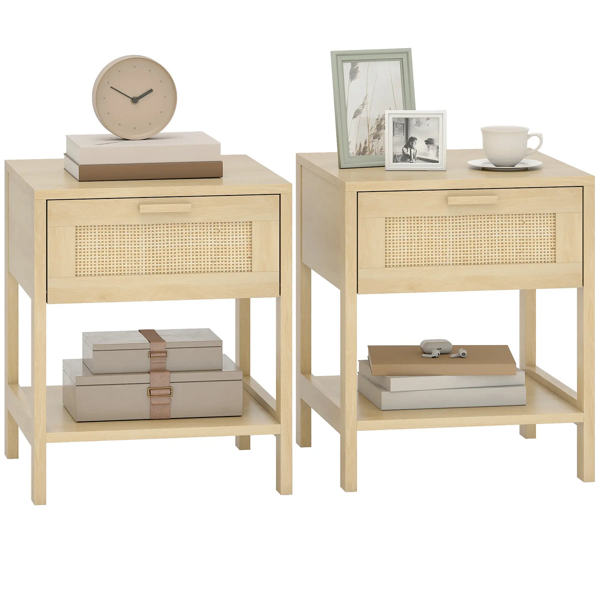 Narrow Nightstand With Rattan, Drawer And Shelf, Set Of 2, Natural Wood Bedside Tables at Gallery Canada