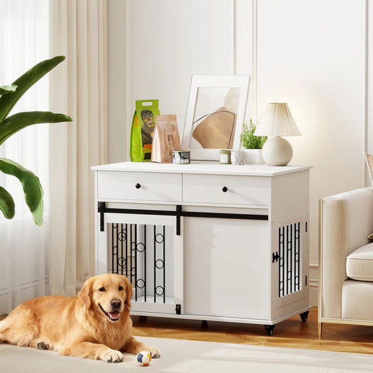 39 Inch Dog Crate Furniture, Indoor Kennel with Drawers, Wheels, Oak Dog Cages & Crates White, Black at Gallery Canada