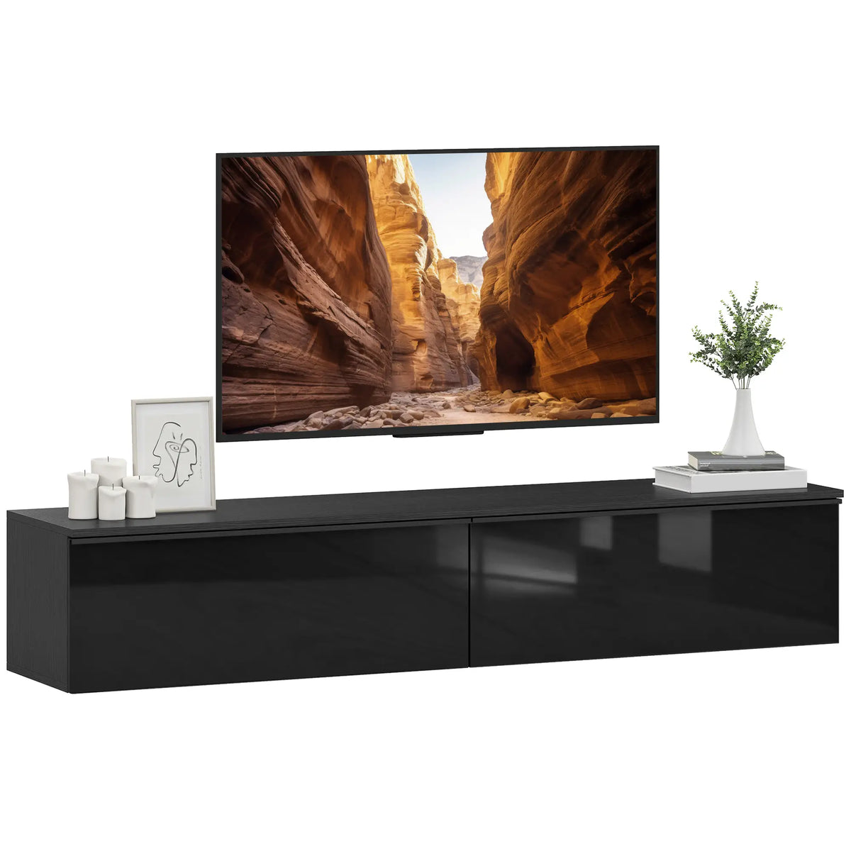 Wall Mounted TV Stand, Floating Cabinet, 70", High Gloss, Black