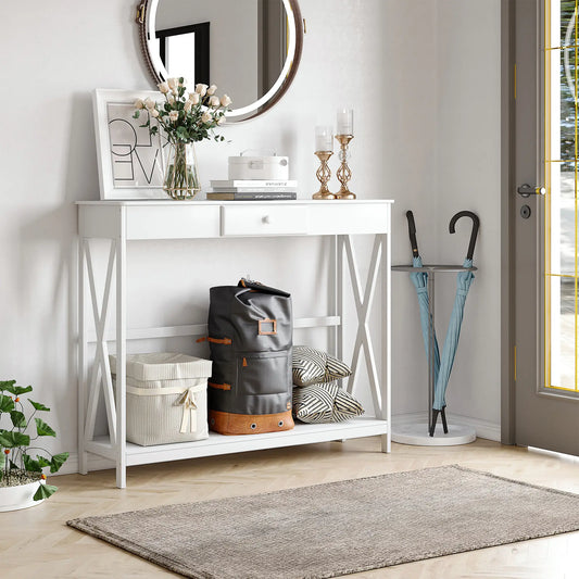 39" Console Table, 2 Tier X-Design, Narrow Entryway Table with Drawer, White Console Tables White at Gallery Canada
