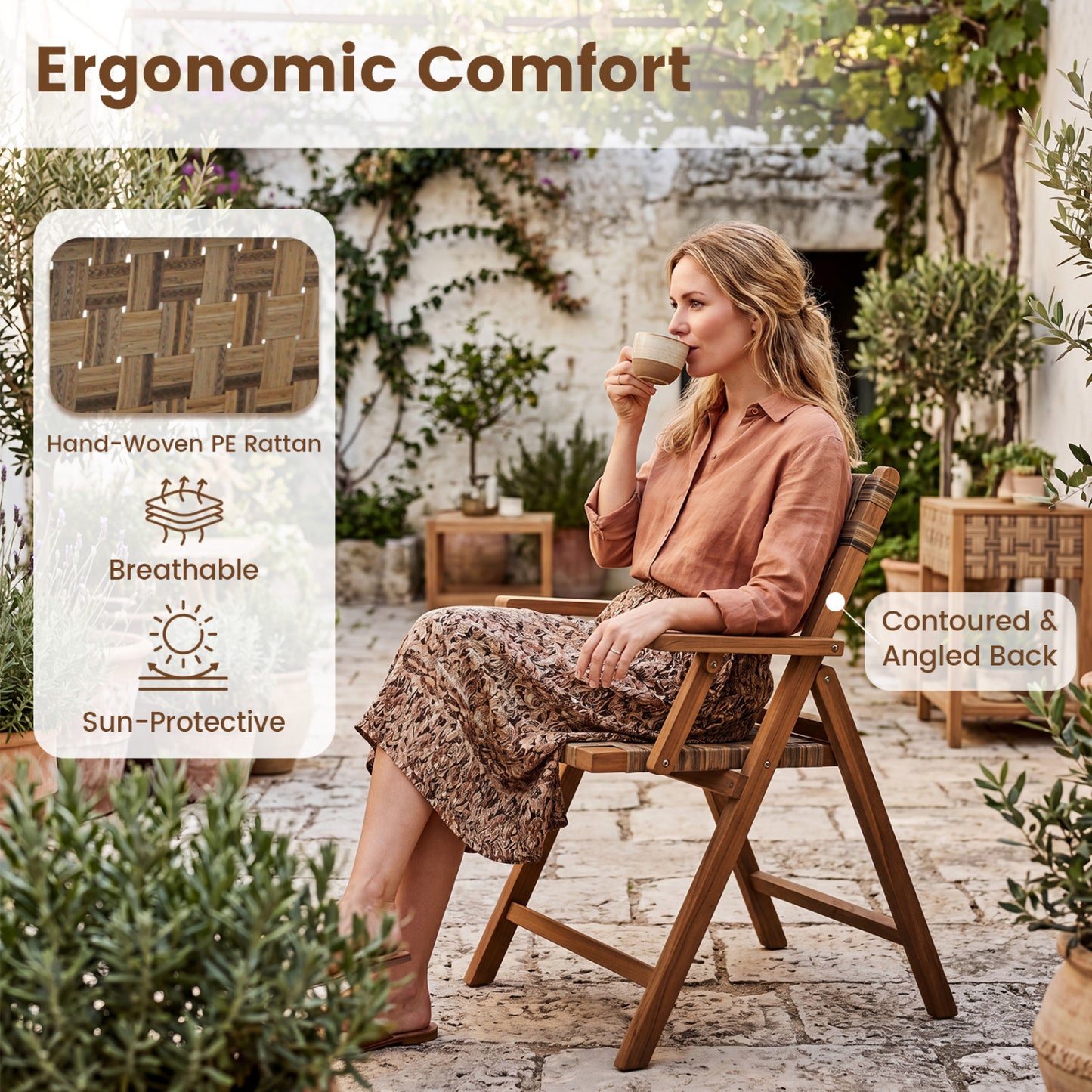 Teak Folding Chairs Set of 2 with Hand-Woven Rattan and Contoured Back Patio Dining Chairs at Gallery Canada
