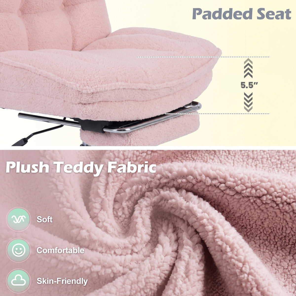 Fauteuil de bureau en peluche Teddy, repose-pieds, réglable, rose