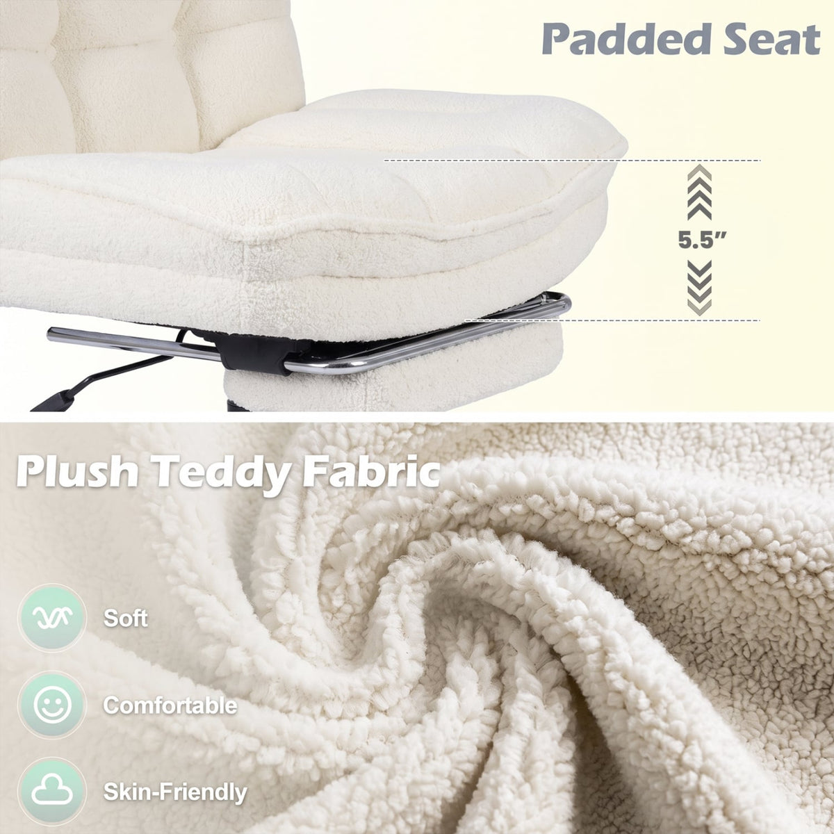 Fauteuil de bureau en peluche Teddy avec repose-pieds, hauteur réglable, blanc