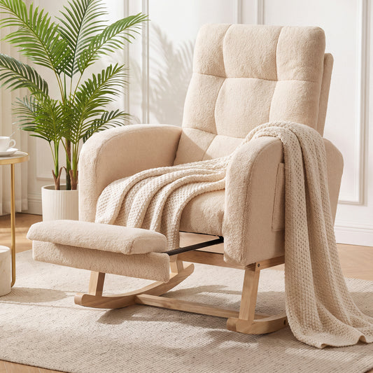 Teddy Upholstered Rocking Chair, Retractable Footrest, Beige Accent Chairs Beige at Gallery Canada