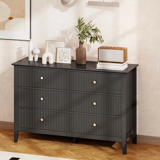 Modern 6 Drawer Dresser, Double Chest, Black