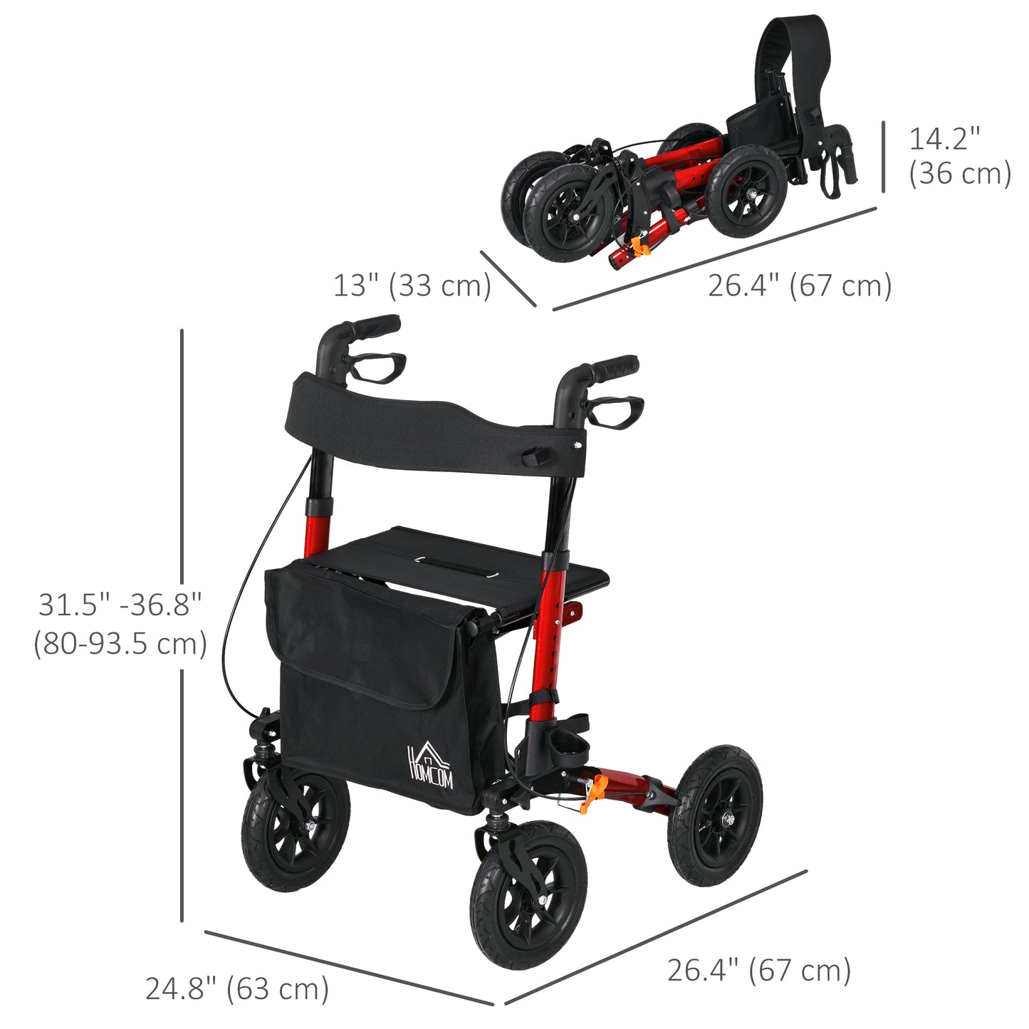 Rollator for Seniors with Seat, Rubber Wheels, Aluminum Folding Rolling Walker with Adjustable Handle, Bag, Red at Gallery Canada