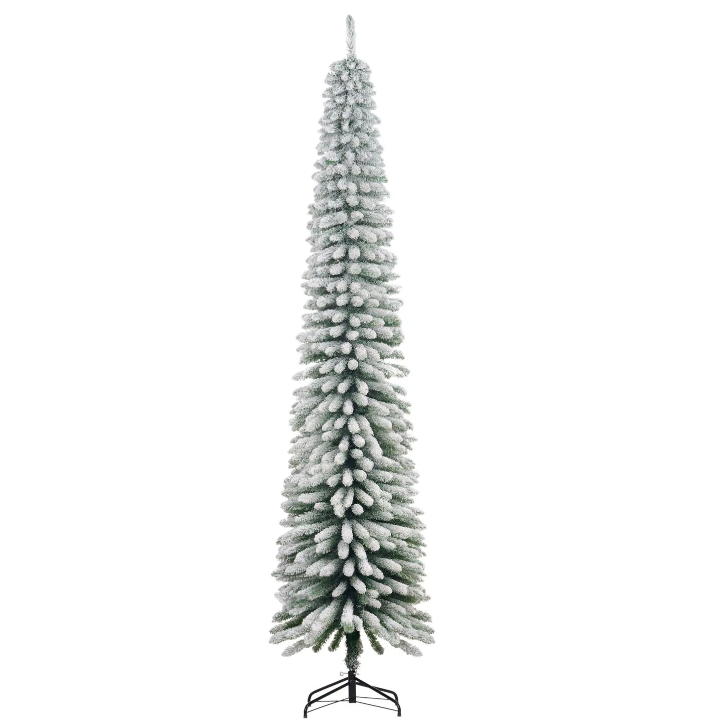 9ft Snow-Flocked Artificial Christmas Tree, Slim Pencil, Metal Base, Green Flocked Christmas Trees at Gallery Canada