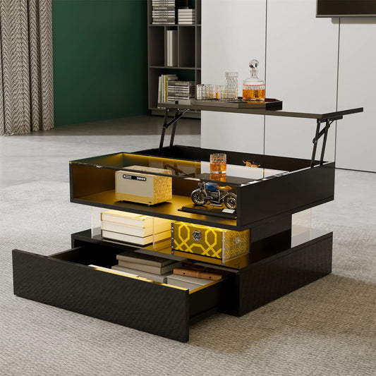 Glass Top LED Coffee Table, Storage Drawer, Adjustable Height, 26" L x 21.5" W x 21.5" H, Black Coffee Tables Black at Gallery Canada