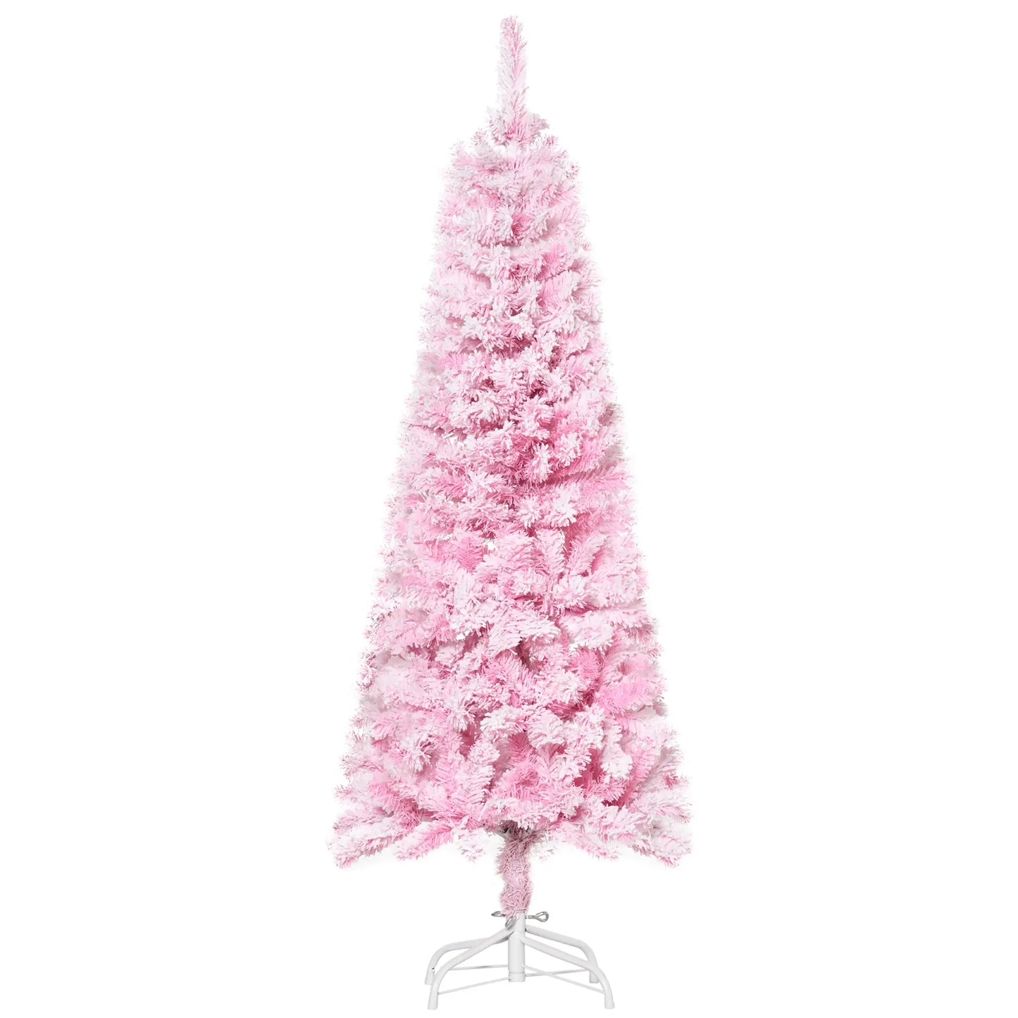 5 FT Snow Flocked Artificial Christmas Tree, Pencil Xmas Tree, Steel Base, Pink Artificial Christmas Trees Pink, White at Gallery Canada