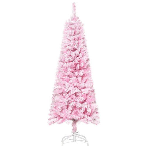5 FT Snow Flocked Artificial Christmas Tree, Pencil Xmas Tree, Steel Base, Pink