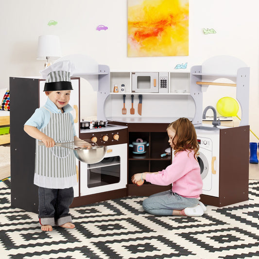 Toddler Kitchen Playset with Ice Maker Microwave Oven Sink and Washing Machine for Kids 3+ Years Old, Brown Play Kitchen Sets Brown at Gallery Canada