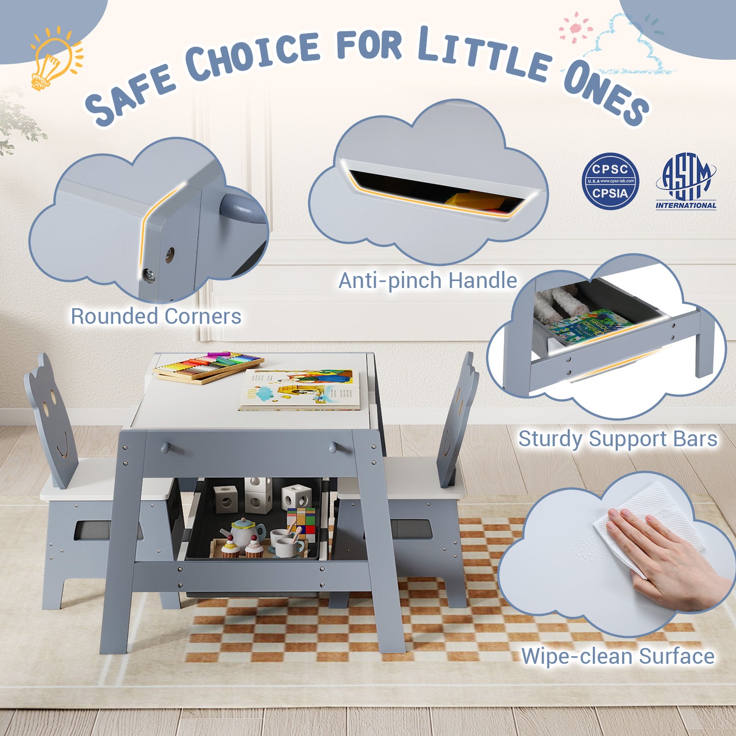 Toddler Table and 2 Chairs 5-in-1 Cute Art Desk Set with Reversible Chalkboard Whiteboard-Grey, Gray Kids Table & Chair Sets at Gallery Canada