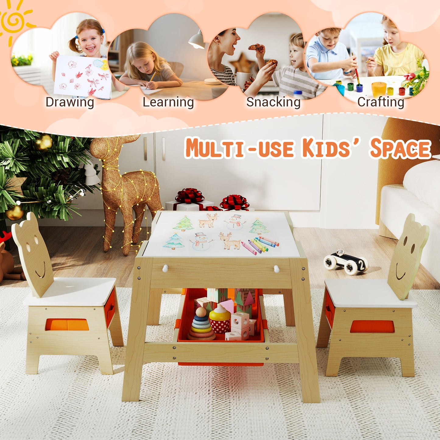 Toddler Table and 2 Chairs 5-in-1 Cute Art Desk Set with Reversible Chalkboard Whiteboard, Natural Kids Table & Chair Sets at Gallery Canada