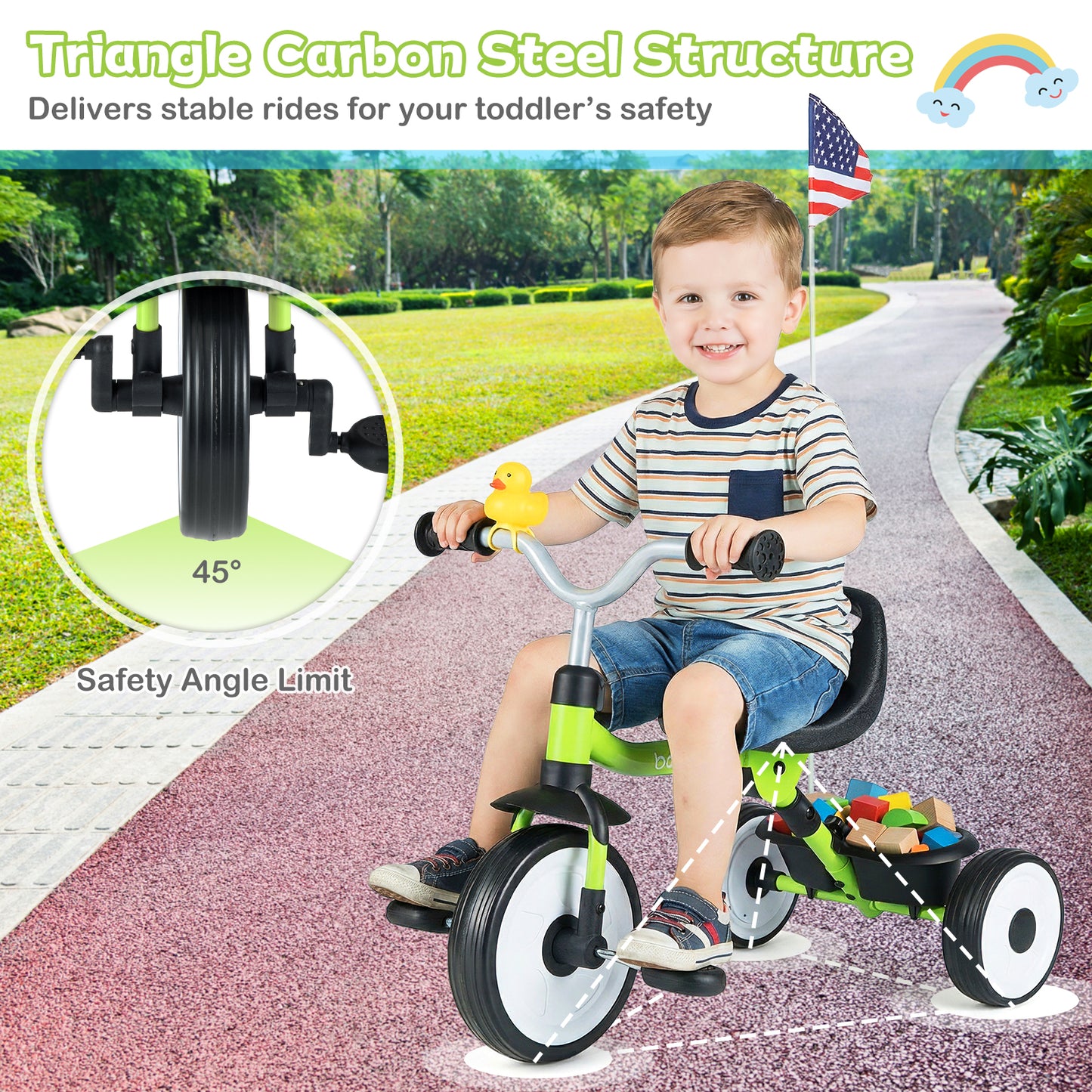 Toddler Tricycle with 3-Position Seat, Storage Basket, Green Push & Pedal Ride On Toys at Gallery Canada