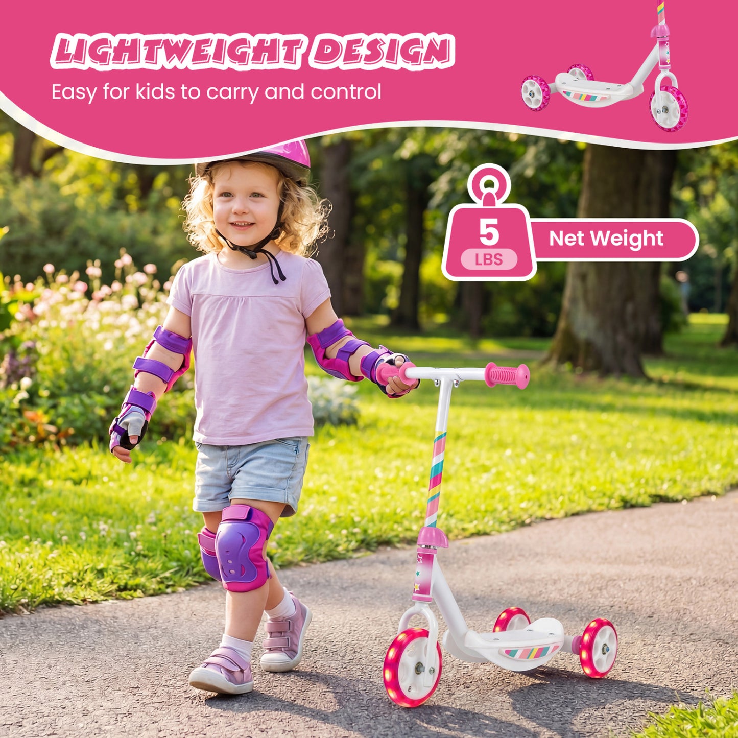 Toddlers Kick Scooter with LED Light-Up Wheels and Wide Anti-Slip Deck for Boys and Girls, Pink Scooters at Gallery Canada