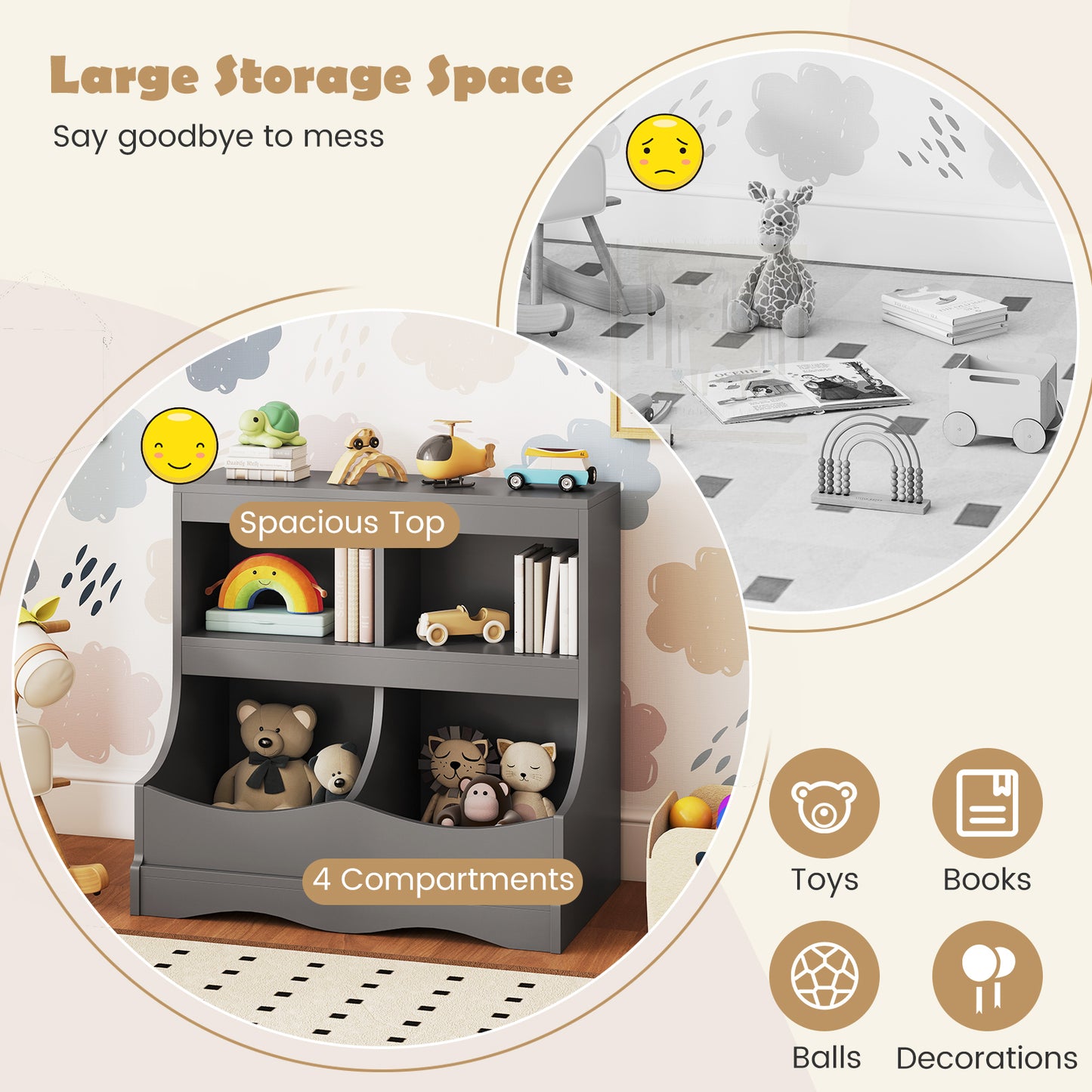 Toy Storage Organizer 4-Cubby Kids Bookcase for Toys and Books, Gray