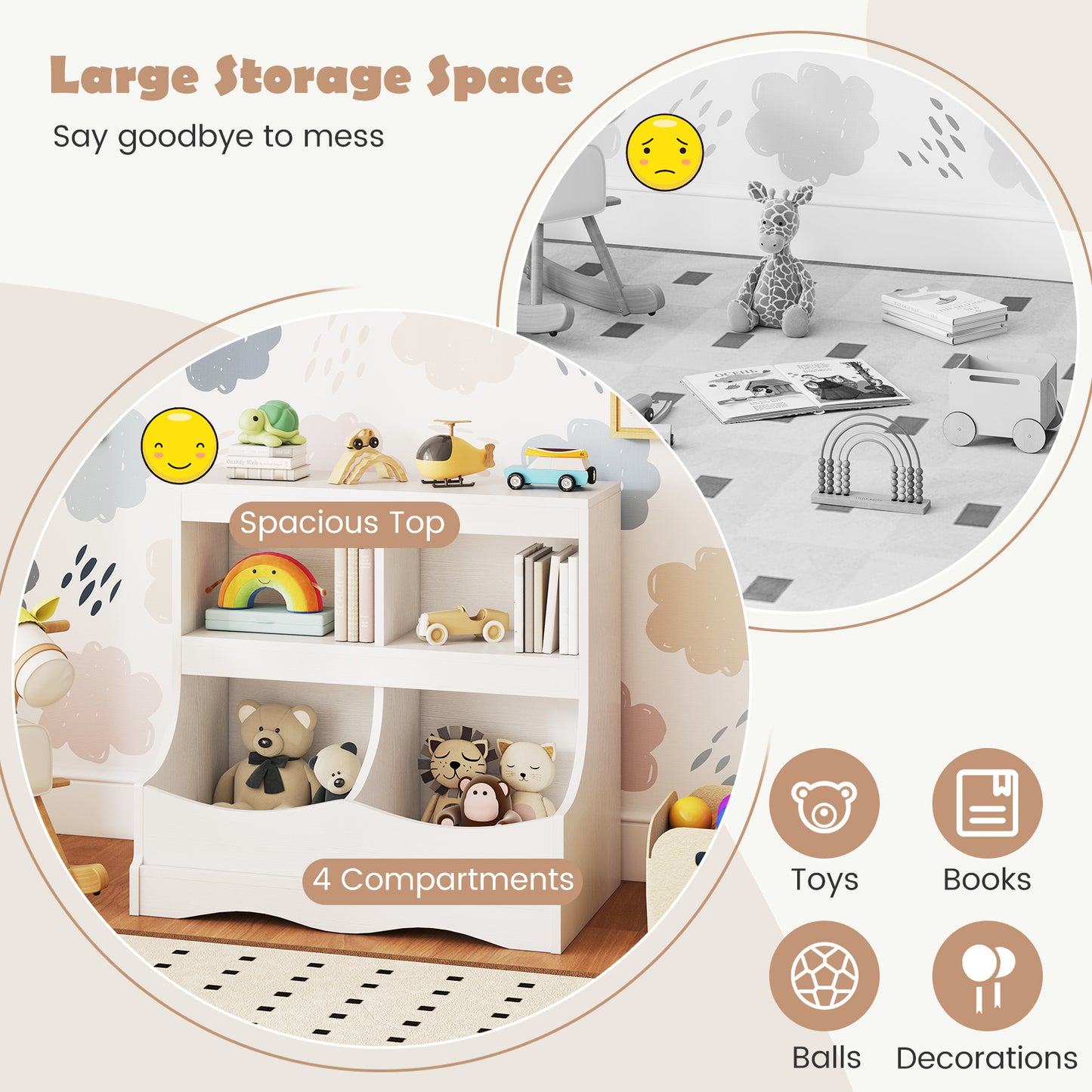 Toy Storage Organizer 4-Cubby Kids Bookcase for Toys and Books, White