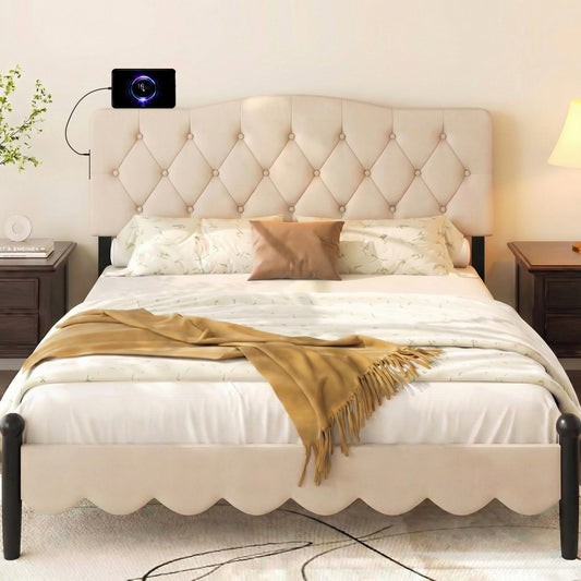 Tufted Upholstered Headboard, Queen Full Size, 2 AC Outlets, Beige Headboards Beige at Gallery Canada