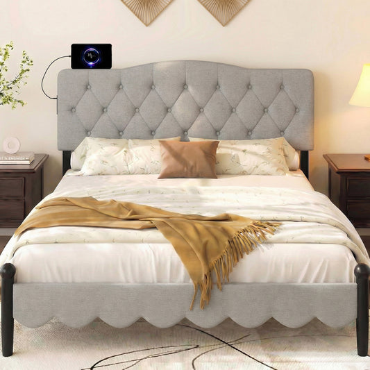 Tufted Upholstered Headboard, Queen Full Size, 2 AC Outlets, Gray Headboards Gray at Gallery Canada