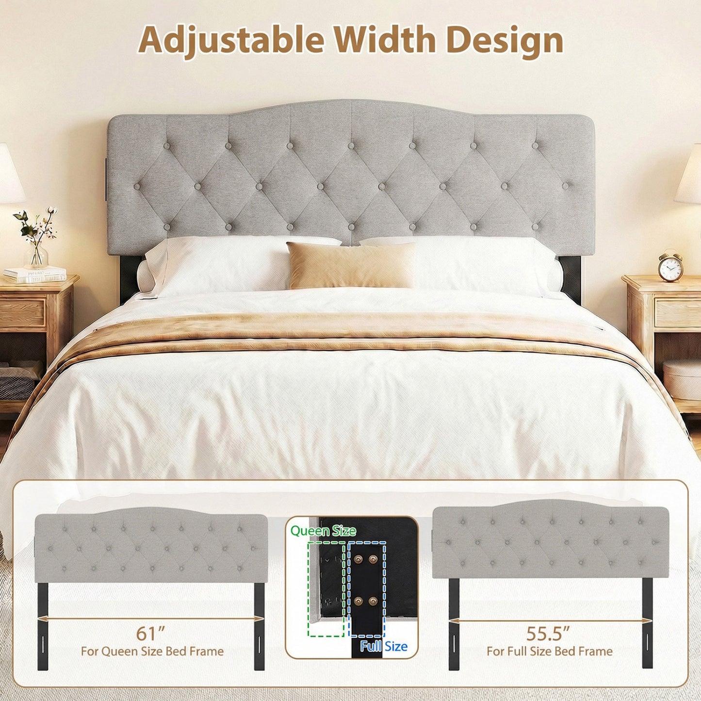 Tufted Upholstered Headboard, Queen Full Size, 2 AC Outlets, Gray Headboards at Gallery Canada