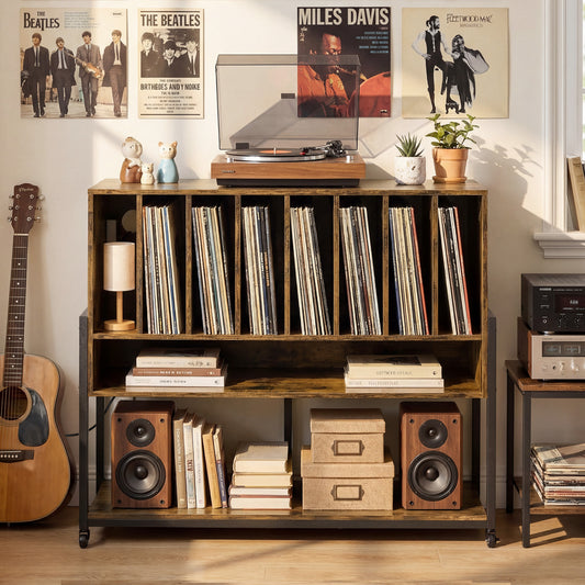 Turntable Stand with Charging Station, Vinyl Shelves, Rustic Brown End & Side Tables Rustic Brown at Gallery Canada