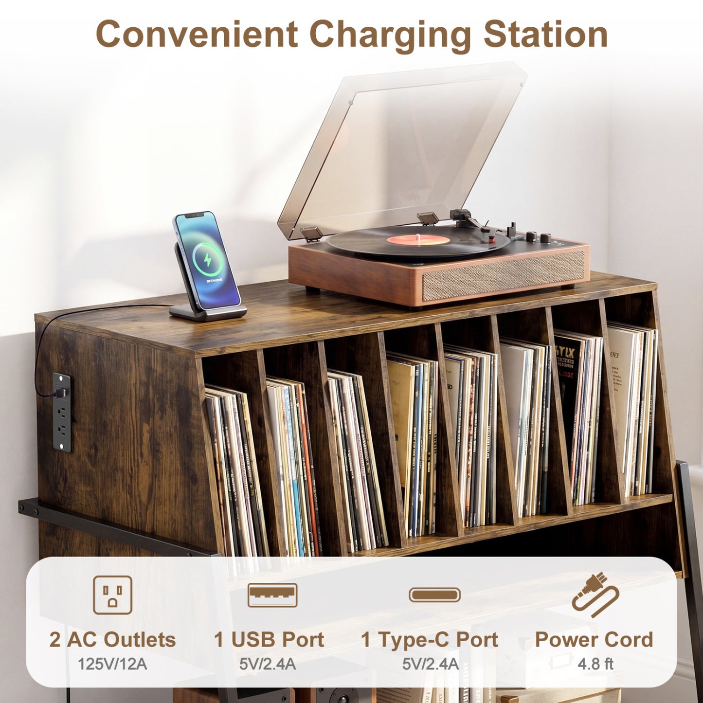 Turntable Stand with Charging Station, Vinyl Shelves, Rustic Brown End & Side Tables at Gallery Canada